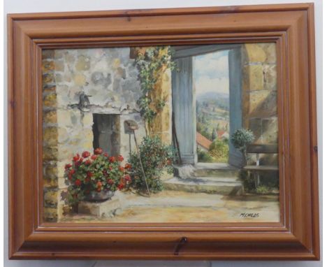 Monica Childs (British, b.1950), Courtyard doorway with view to countryside, oil on canvas, signed 'M. Childs', 30cm x 40cm, 