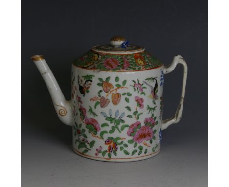 A 19thC Chinese porcelain Canton famille rose Teapot, decorated in colourful enamels of birds, butterflies and flora, twisted