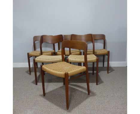 A Harlequin&nbsp;set of six mid-20thC Niels Moller for J L Moller bar back teak dining Chairs, all with rush seats, Danish, t