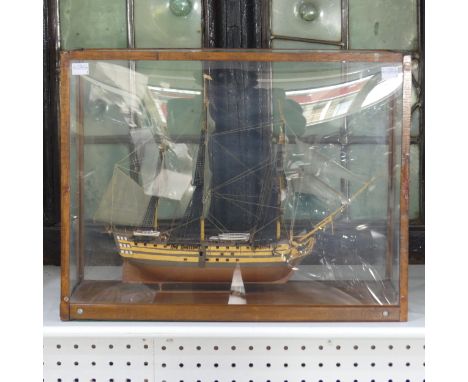 A HMS Victory model Warship, in glass box display case, W 50 cm x H 39 cm x D 21 cm. 