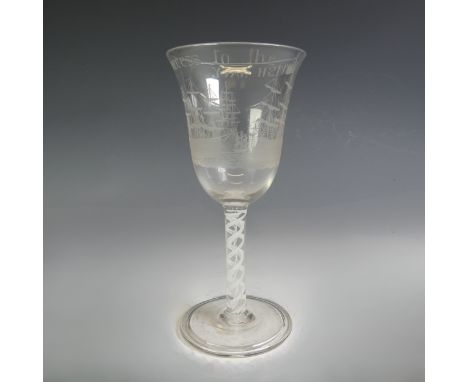 A good quality etched Wine Glass, the bucket glass with 'Success to the BRITISH NAVY' inscription as well as depictions of sa