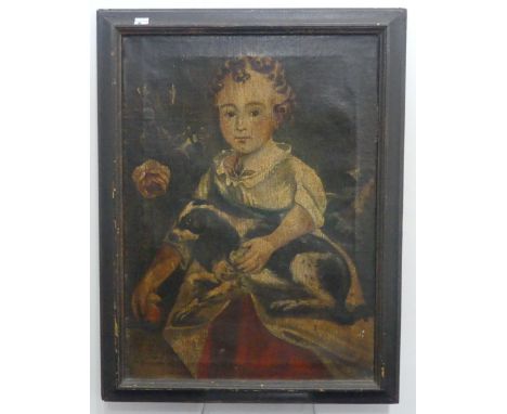 18th century English School, Portrait of a Child and Dog, oil on canvas, inscribed on canvas lower left ‘Miss (?) Gardner bor