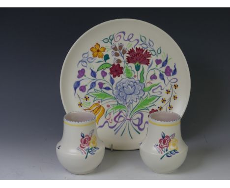 A Poole Pottery lobed Bowl, of typical decoration, D 18cm, signed HN, together with a Goblet, Egg Cups, Plate Stand (9) 