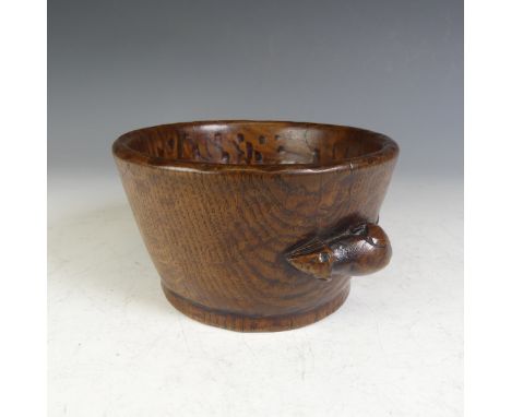 Robert Mouseman Thompson (1876-1955): A rare English Oak Bowl, circa 1930s, tooled interior and exterior, signed with two car