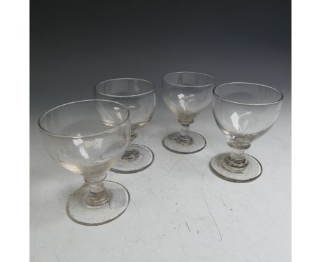 A matched set of mid 19thC glass Rummers, c. 1835, one with engraving to bowl reading 'W. W 1832' with knopped stem and somew