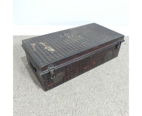 A Black metal Trunk stamped 'L.French, R.L', W 70 cm x H 20.5 cm x D 36 cm. 