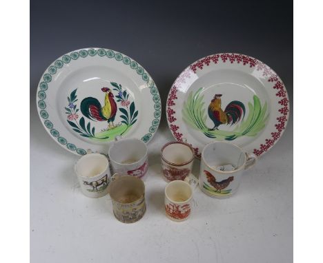 An English pottery transfer printed Coffee Can, titled 'Saturday Night' with depiction of a scene, old chip to rim, H 6cm, to