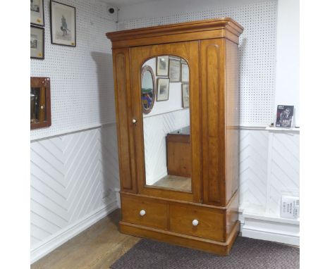 An Antique pine single door Wardrobe, with large mirror and raised on plinth base, W 122 cm x H 209 cm x D 56 cm. 