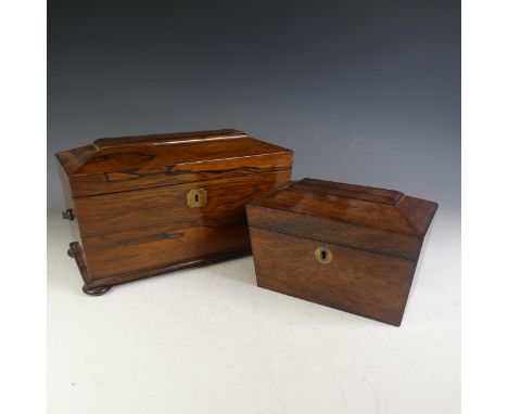 A Victorian rosewood Tea Caddy, two lidded compartment with mixing bowl, on bun feet, W 33 H 18 cm x D 17 cm, together with a