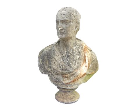 A Victorian white marble bust of a gentleman, wearing classical robes, on a turned circular socle, overall 71cm high x 51cm w