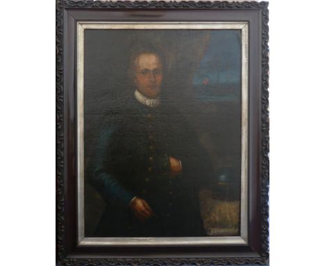 Late 18th / early 19th century School, Portrait of a British Naval Officer, with three-mast ship in the background, oil on ca