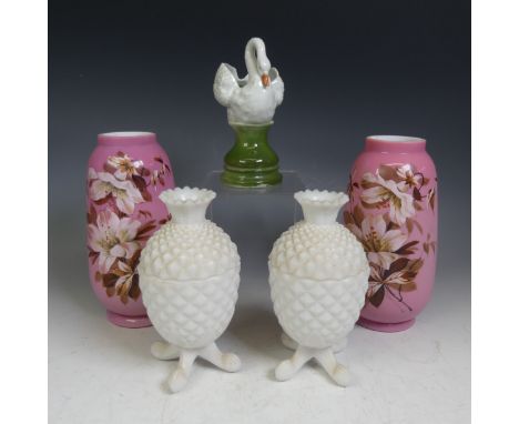 A pair of antique French opaque glass Pineapple Bonbon Jar, in the style of&nbsp;Portieux, H 18cm, together with a porcelain 