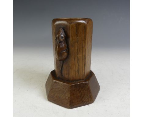 Robert 'Mouseman' Thompson of Kilburn, an unusual oak desk/ pen Stand, octagonal form, with flared base, carved signature mou