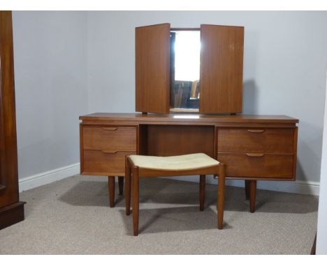 A Retro 1970’s teak Dressing Table, W 152.5 cm x H 67 cm x D 46.5 cm, with a removable large folding triptych mirror, W 152 c