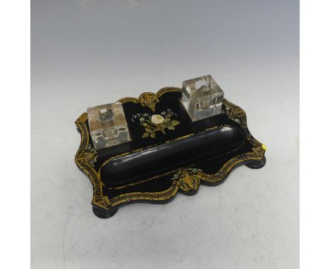 A Victorian black lacquered gilt and painted Inkwell, with both glasses, raised on bun feet, W 22 cm. 