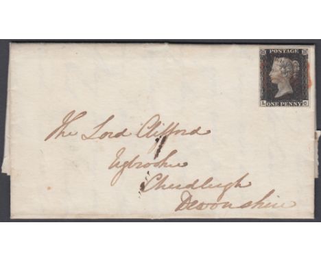 STAMPS PENNY BLACK Plate 1b four large margins on entire wrapper from Knaresborough to Devon 27th June 1840 Addressed to Lord
