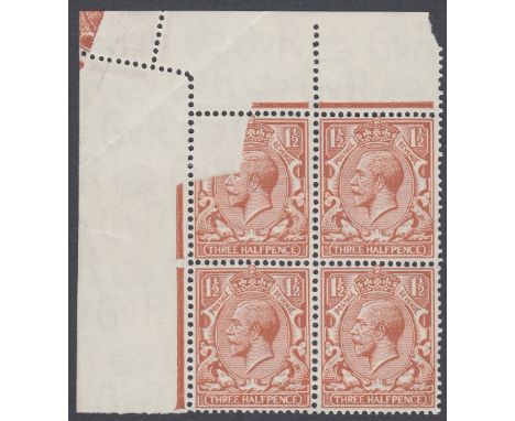 STAMPS GREAT BRITAIN 1924 1 1/2d Red Brown "PRE PRINT " paper fold superb lightly mounted mint block of four SG 420