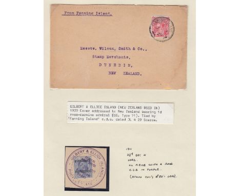 STAMPS FANNING ISLAND, 1929 cover with 1d GV New Zealand issue with Fanning Island double ring datestamp. Also, 2 1/2d Edward