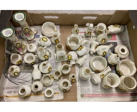 A box of vintage ceramic Oakham crested ware items to include Goss and Shelley.  