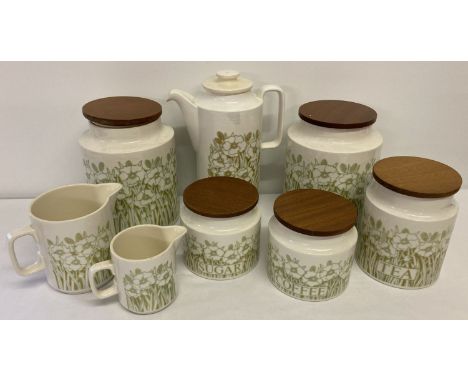 A quantity of retro Hornsea ceramic kitchen ware items.  Comprising: coffee pot, 2 jugs and 5 assorted sized storage jars wit