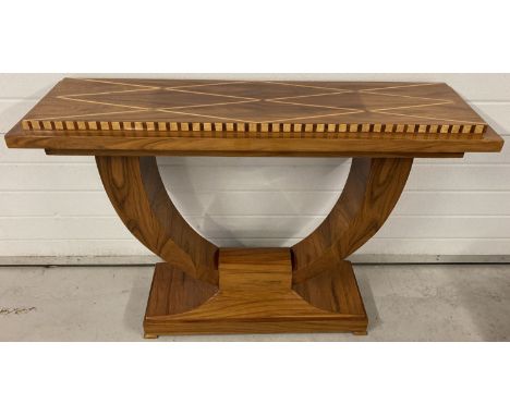 An Art Deco style console table in a high gloss finish with inlaid diamond pattern to top.   Approx. 124 x 38 x 86 cm tall.