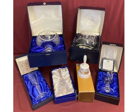 6 boxed commemorative Items. 5 glass &amp; crystal Royal commemorative items. Together with a boxed Boston tea Party commemor