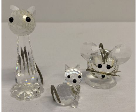 3 vintage Swarovski Crystal animal figures with wire tails; 2 cats and a mouse.  Standing cat (whiskers missing), medium mous