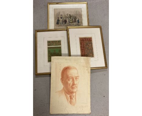 4 framed and unframed pictures. A pastel portrait of a gentleman signed to bottom right, 2 prints of classical designs and a 