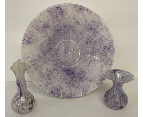 3 pieces of art glass. Comprising 2 iridescent vases of pastel tones &amp; a large purple &amp; white bowl.  