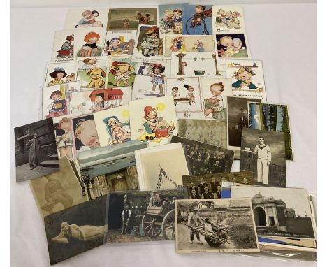 Approx. 50 assorted vintage postcards to include 25 comical illustrated cards featuring children.  Lot includes 12 cards by M