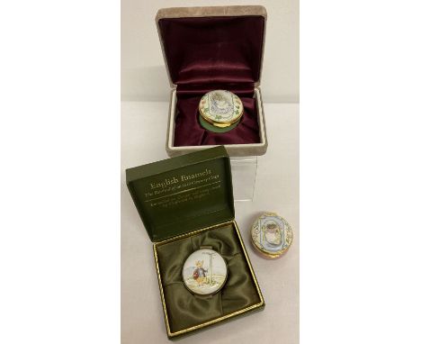 2 boxed and 1 unboxed Beatrix Potter Crummles enamel pill boxes.  The Beatrix Potter Keepsakes, Crummles for Danbury Mint 199