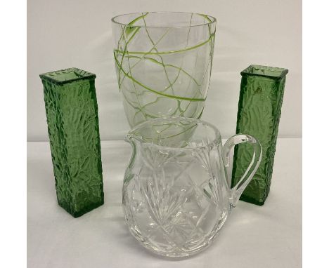 A Royal Brierley cut crystal water jug together with a pair of vintage green glass vases &amp; 1 other.  
