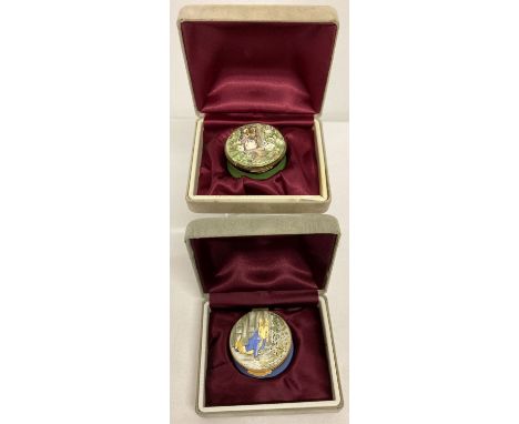 2 boxed Beatrix Potter design Crummles enamel pill boxes.  Peter Rabbit with blue coloured base together with Mrs. Tittlemous