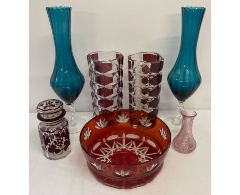 A collection of vintage coloured glass items.  To include pairs of vases, Caithness bud vase and hand painted pickle jar. 