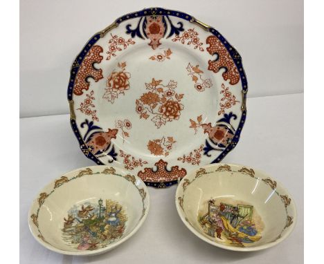 A collection of mixed vintage ceramics.  A Royal Crown Derby "Imari" plate and Royal Doulton Bunnykins children's bowls. 