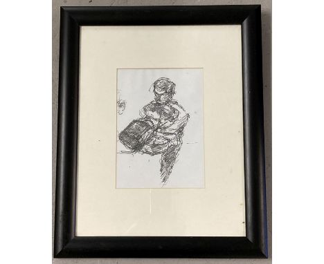 A framed and glazed modern black and white print of a musician playing drums.   Frame size approx. 41 x 33cm.
