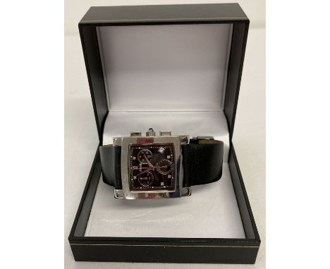 A men's chronograph wristwatch by Zeitner, model ZM1948 with replacement leather strap.  Square black face with engine turned