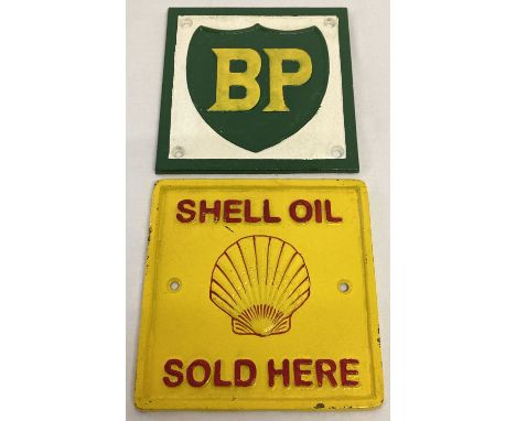 2 square shaped painted cast metal advertising signs for Shell and BP.  With fixing holes.  Each approx. 17cm².