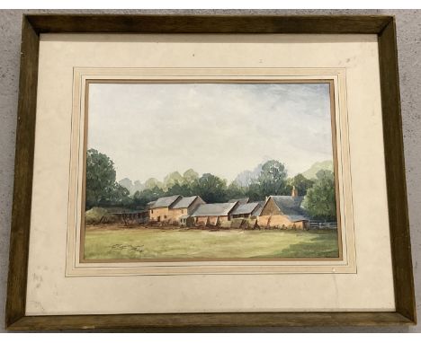 A framed and glazed watercolour of a farm, signed R Flemming, 86.   Frame size approx. 48 x 57cm.