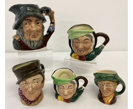 5 Royal Doulton ceramic character toby jugs in varying sizes.  Sam Weller, 2 x Sairey Gamp (1 a/f), Rip Van Winkle and Arnet.