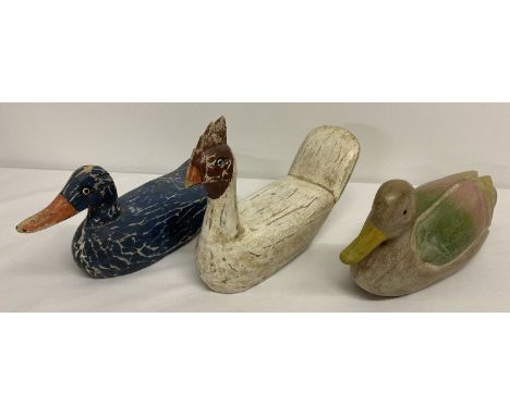 3 wooden carved and painted folk art birds; 2 ducks and a chicken.  