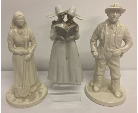 3 items of vintage ceramics in a blanc de chine style glaze.  A pair of Seton Pottery, Cornish figurines; Tin Miner and Bal M