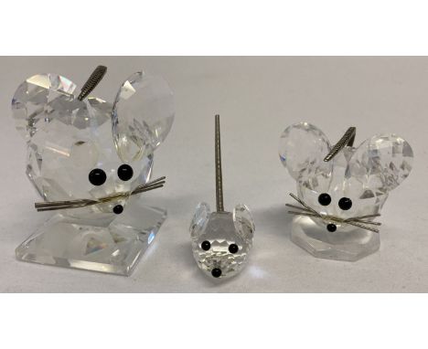 3 vintage Swarovski Crystal mouse figures with wire tails.  Large mouse with flexible tail, wire whiskers, black glass eyes &