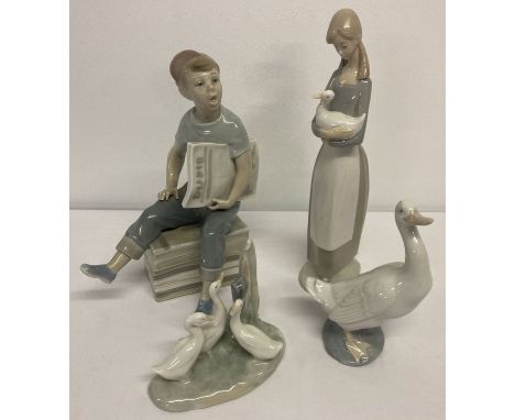 4 Nao by Lladro ceramic figurines.  A newspaper boy, girl holding a duck and 2 figures of geese.  Largest approx. 16.5cm tall