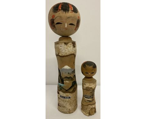 2 vintage wooden Japanese Kokeshi dolls with natural silver birch branch wood detail.   Largest approx. 36.5cm tall, smaller 