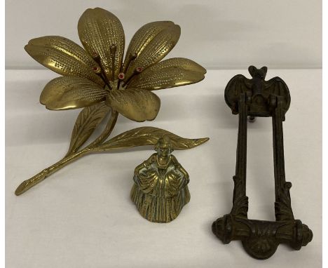 3 items of vintage metal ware to include a Gothic style door knocker with bat detail.  Together with an unusual retro brass f