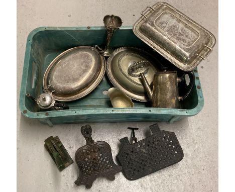 A box of assorted vintage silver plate and mixed metal ware items.  To include lidded tureens, coffee pots and trivets. 