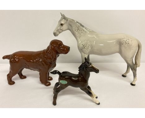 3 Beswick ceramic animal figurines.  Horseshoe Primula Cocker Spaniel #967, small brown foal #836 with original sticker and B