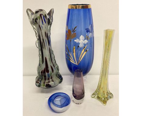 5 pieces of vintage coloured glass; 4 vases together with a small blue dish.   Largest approx. 32.5cm tall.
