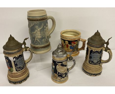 5 vintage ceramic steins, to include 2 musical lidded steins and a moustache stein.  
